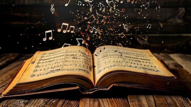 Note musicali che volano fuori da un libro aperto