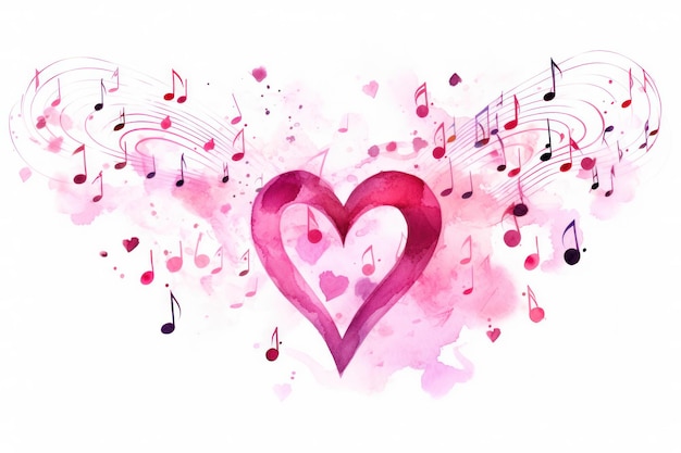 Note musicali in rosa sul tema dell'amore Giorno di San Valentino Illustrazione ad acquerello sullo sfondo bianco