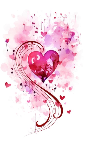 Note musicali in rosa sul tema dell'amore Giorno di San Valentino Illustrazione ad acquerello sullo sfondo bianco