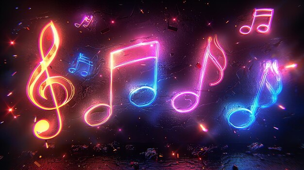 Note musicali in stile neon su uno sfondo scuro Generativo Ai