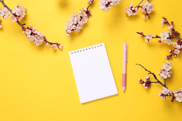 Notebook e bellissimi rami fioriti su sfondo giallo Vista dall'alto piatta