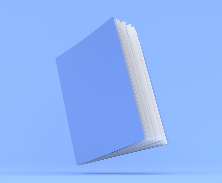 Notebook mockup copertina vuota Illustrazione rendering 3d del libro Blocco note blu con pagine socchiuse realistiche