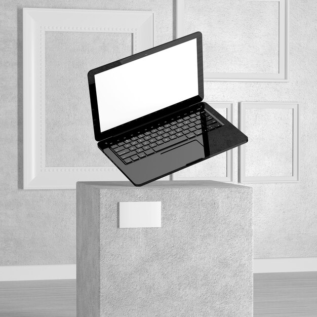 Notebook moderno computer portatile su piedistallo, palco, podio o colonna in galleria d'arte o museo su sfondo bianco. Rendering 3D