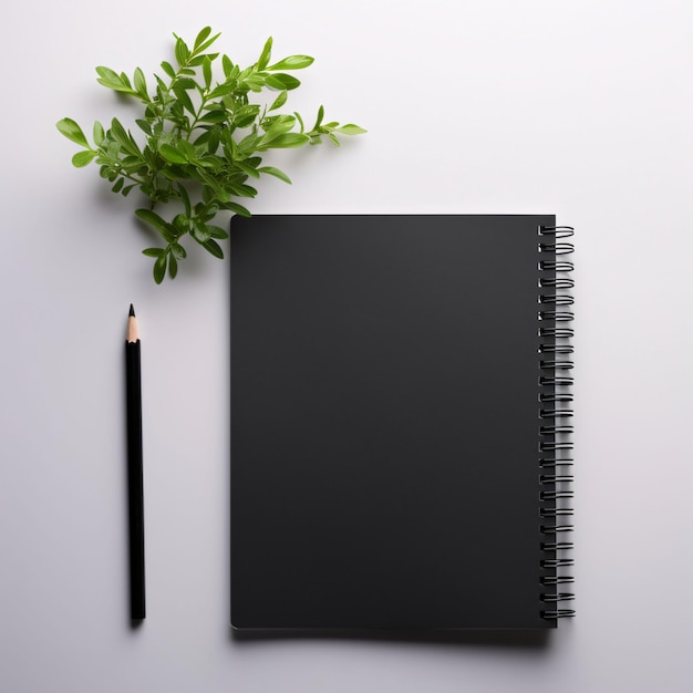 Notebook pagine vuote nere matita sul ramo verde sinistro con foglie spazio di sfondo chiaro per il proprio contenuto