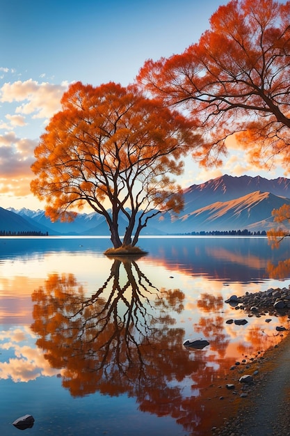 Notevole paesaggio del colorato lago Wanaka autunnale con l'alba nell'immagine fresca del mattino ai