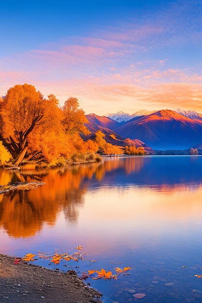 Notevole paesaggio del colorato lago Wanaka autunnale con l'alba nell'immagine fresca del mattino ai