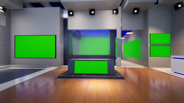 Notizie 3D Virtual TV Studio con schermo verde, illustrazione 3d