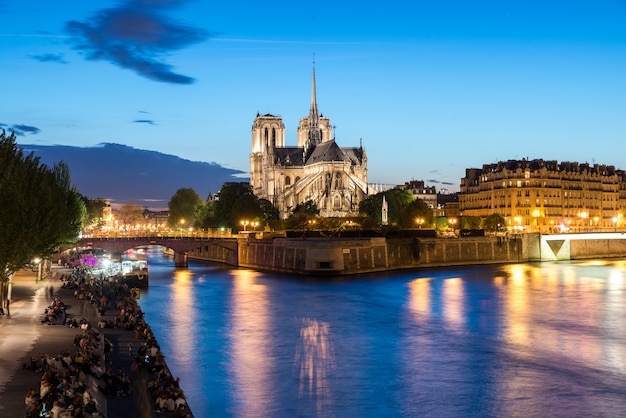 Notre Dame de Paris con la nave da crociera sulla Senna alla notte a Parigi, Francia