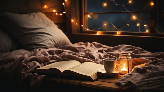 Notte accogliente con un libro, una candela, un caffè e una leggera illuminazione su un letto.