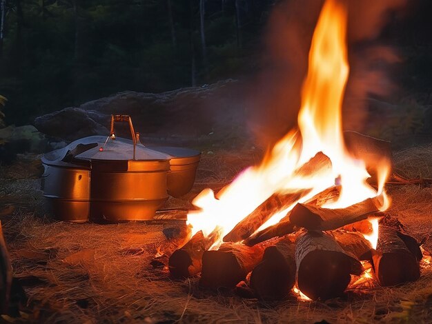 Notte campeggio fuoco bruciare griglia carne trasporto vecchio stile avventura all'aperto