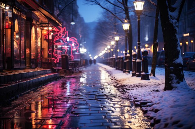 Notte città inverno strada innevata decorata con ghirlande luminose e lanterne per Natale