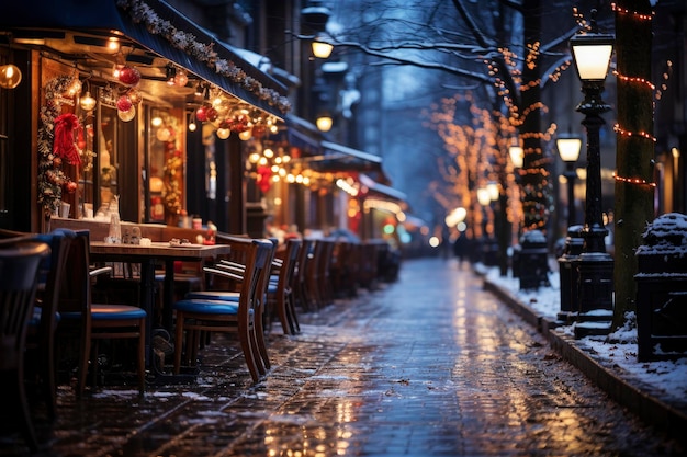 Notte città inverno strada innevata decorata con ghirlande luminose e lanterne per Natale