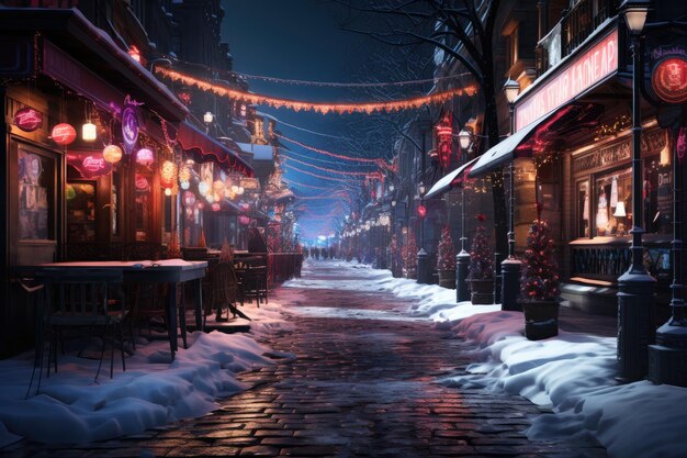 Notte città inverno strada innevata decorata con ghirlande luminose e lanterne per Natale