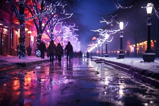 Notte città inverno strada innevata decorata con ghirlande luminose e lanterne per Natale