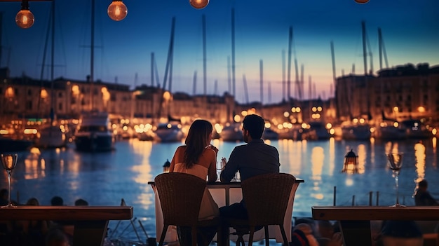 notte d'estate nel porto degli yacht offuscata mare e riflesso della luce della città la silhouette delle persone si rilassa