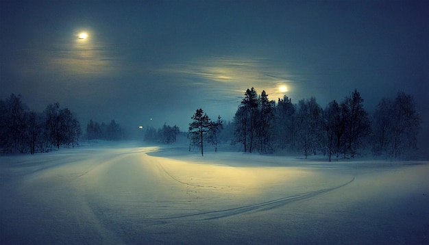 Notte d'inverno nei pini svedesi del campo di neve con il cielo da sogno