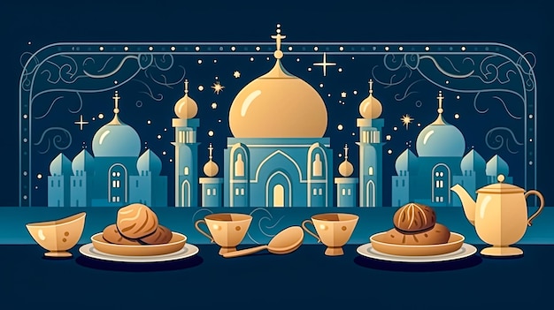 Notte delle benedizioni Una moschea adornata con luci un simbolo radioso del Ramadan Mubarak una scena incantevole che cattura l'essenza del mese sacro