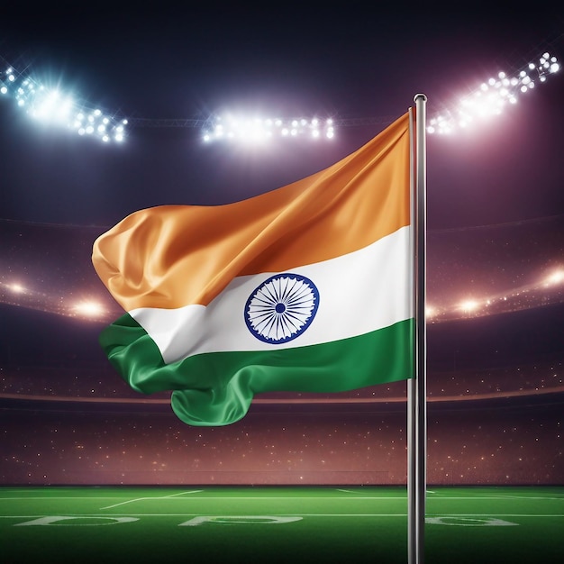 Notte dello stadio con bandiera dell'India con sfondo chiaro sportivo generato dall'intelligenza artificiale