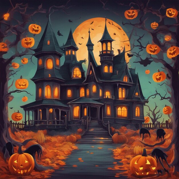 Notte di Halloween con pipistrelli zucche malvagie e sullo sfondo una foto del castello infestato