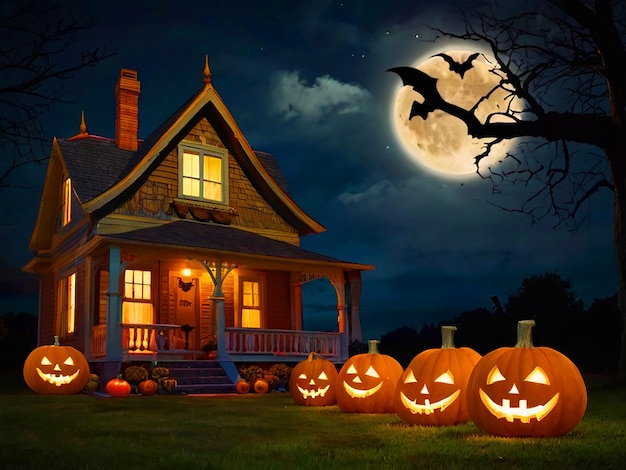 Notte di luna di Halloween con zucche e pipistrelli che volano sullo sfondo