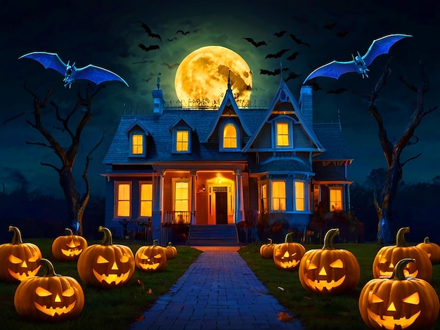Notte di luna di Halloween con zucche e pipistrelli che volano sullo sfondo