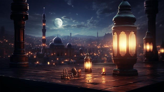 Notte di Ramadan illuminata da lanterne che pregano nell'antico minareto
