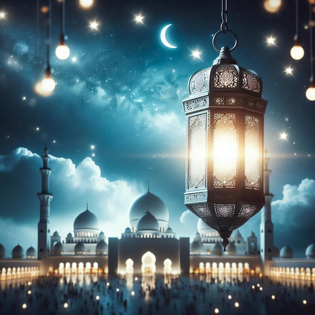 notte di ramadan mubarak con lampada lanterna e moschea bianca ai sfondo dell'immagine