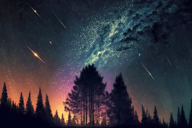 Notte di stelle cadenti nei boschi con bagliori di luce viola dorata