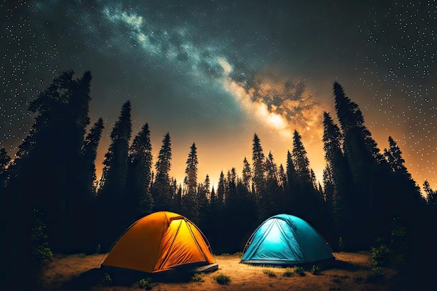 Notte di stelle cadenti su tende gialle e blu circondate dalla foresta