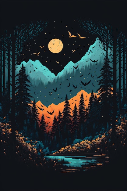 Notte foresta luna cielo stellato sagome di uccelli montagne e lago Misteriosa illustrazione dell'arte piatta del paesaggio