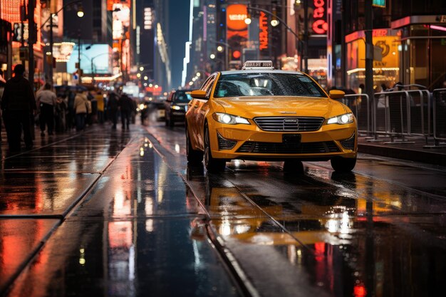 Notte frenetica nelle strade con neon e taxi generativa IA
