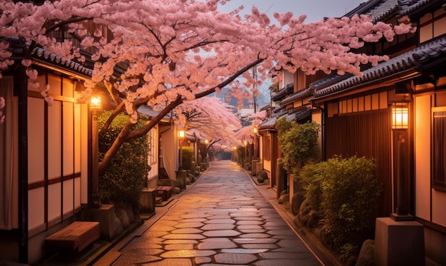 notte in un villaggio giapponese con fiori di sakura