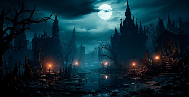 Notte inquietante nell'atmosfera spaventosa del castello medievale scuro per il concetto di sfondo delle vacanze di Halloween Immagine generata dall'intelligenza artificiale