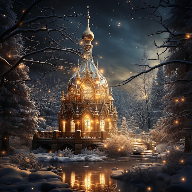 Notte invernale nella foresta Un grande albero di Natale brilla