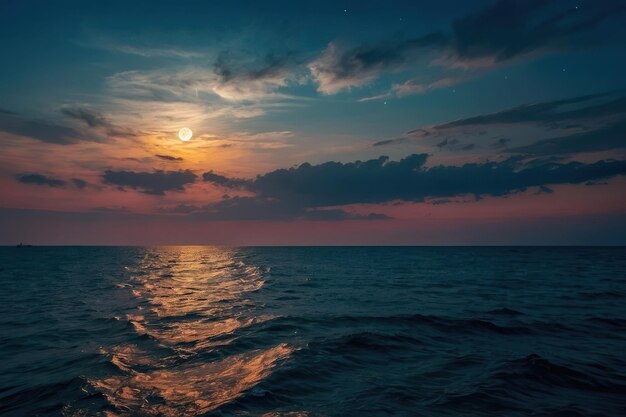 Notte lunare in mare con un cielo colorato e un paesaggio naturale sereno