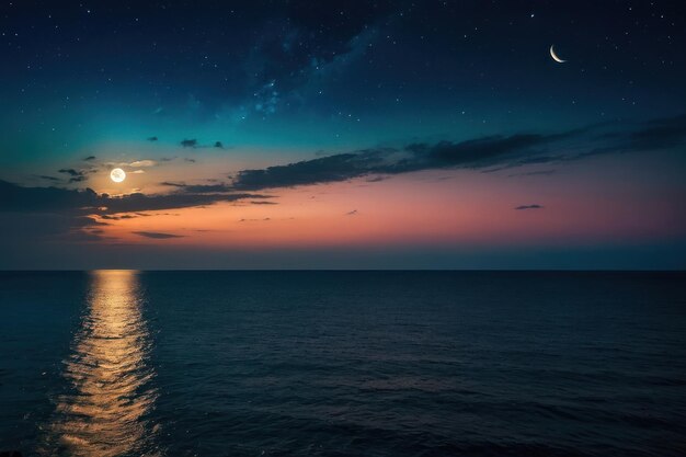 Notte lunare in mare con un cielo colorato e un paesaggio naturale sereno