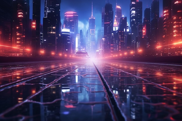 Notte moderna della città della via futuristica