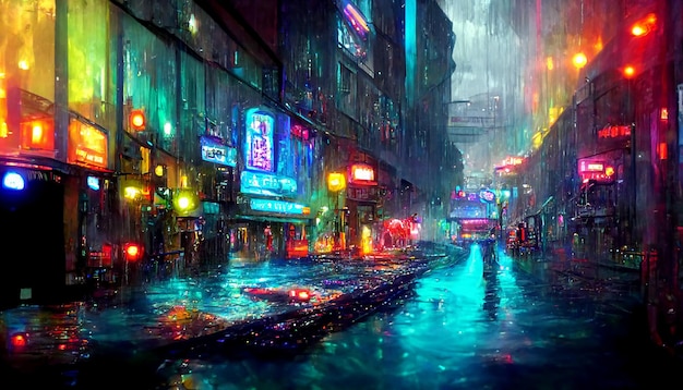 Notte nebbiosa su una strada di una città cyberpunk Enormi grattacieli al neon Asfalto bagnato che riflette incandescente