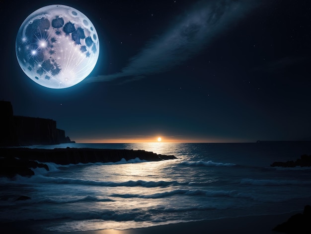 Notte nel paesaggio marino con paesaggio notturno fantasy al chiaro di luna