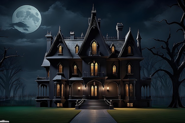 Notte nella villa della famiglia Addams con castello infestato e luna