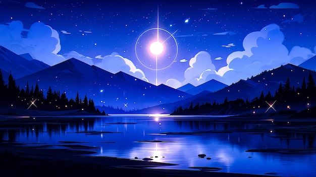 Notte serena Un'illustrazione digitale di un paesaggio montano con una luna