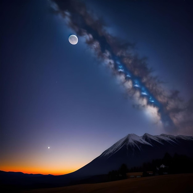 Notte stellata con la vista di una galassia, una luna piena e una bellissima alba all'orizzonte