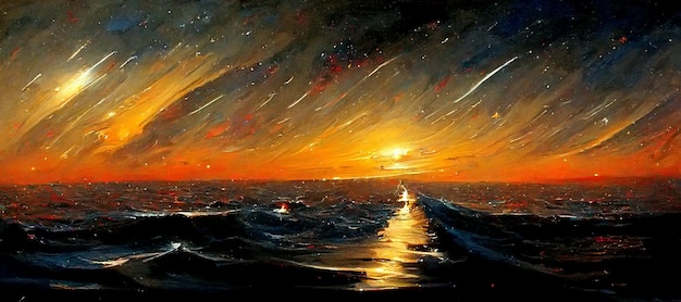 Notte stellata nel tramonto dell'oceano Banner di illustrazione d'arte