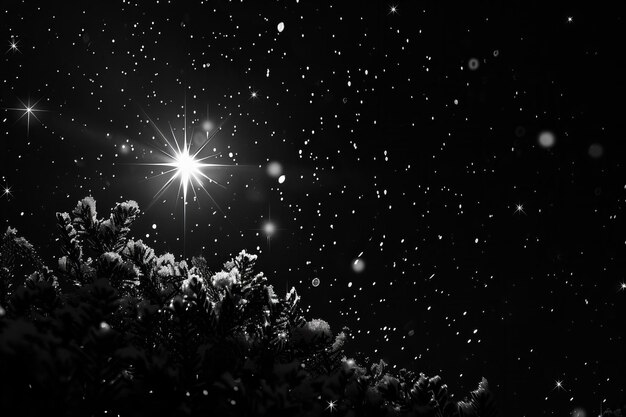 Notte stellata sopra i pini coperti di neve in monocromia