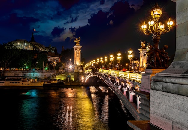 Notte sul ponte Alexandre III con vista sul Grand Palais di Parigi, Francia