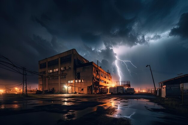 Notte tempestosa con fulmini che illuminano il cielo e colpiscono un edificio industriale distrutto