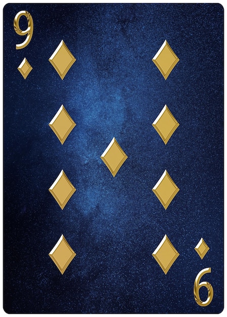 Nove di diamanti carta da gioco, sfondo spazio, simboli oro argento, con percorso di ritaglio.