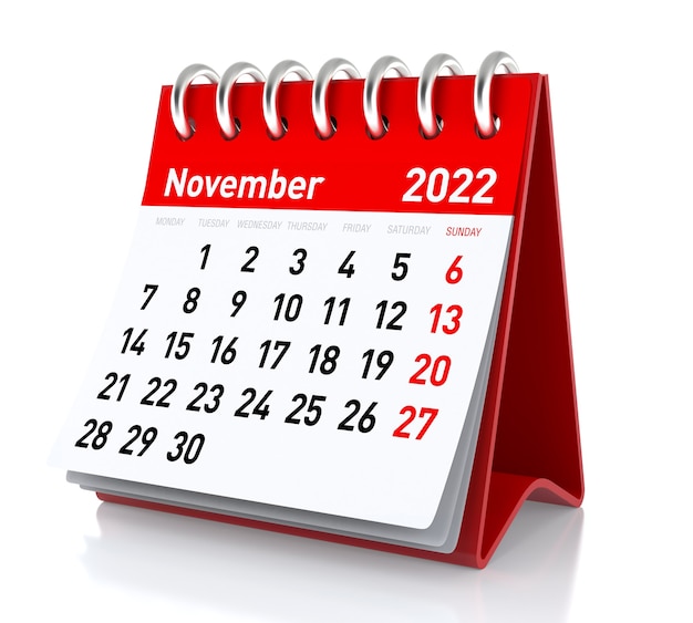 Novembre 2022 - Calendario. Isolato su sfondo bianco. Illustrazione 3D