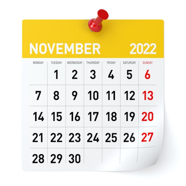 Novembre 2022 - Calendario. Isolato su sfondo bianco. Illustrazione 3D