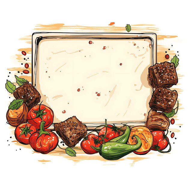 Nowruz Iran Scribbles Frame Disegni festivi per la cultura e la cucina iraniana, stagioni di cibi e bevande